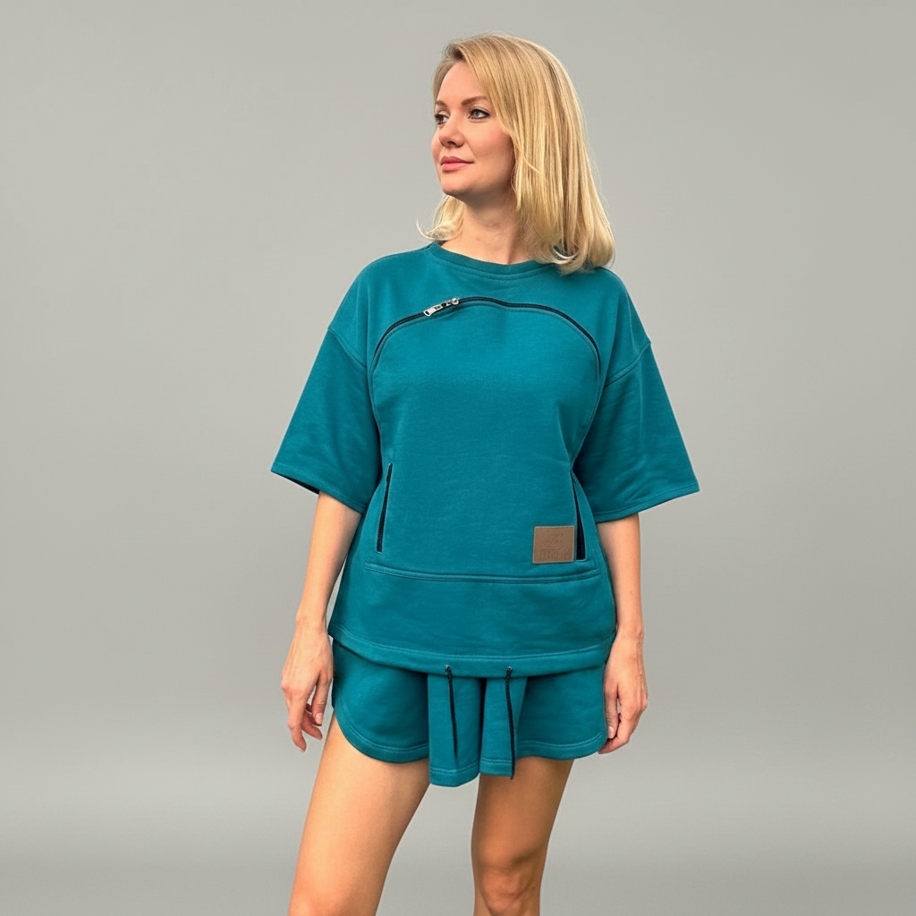 Woman wearing a teal outfit with a gray background