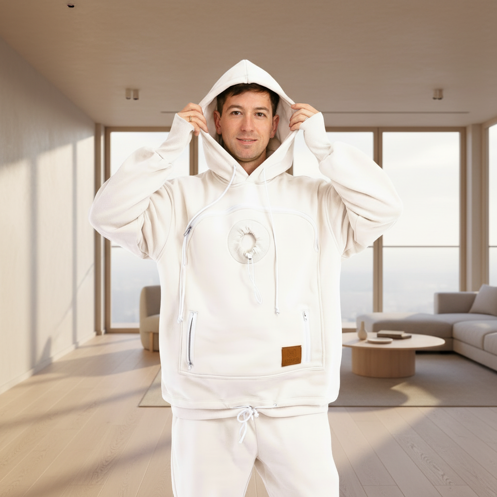 Person wearing a white hoodie with a brown patch on a white background