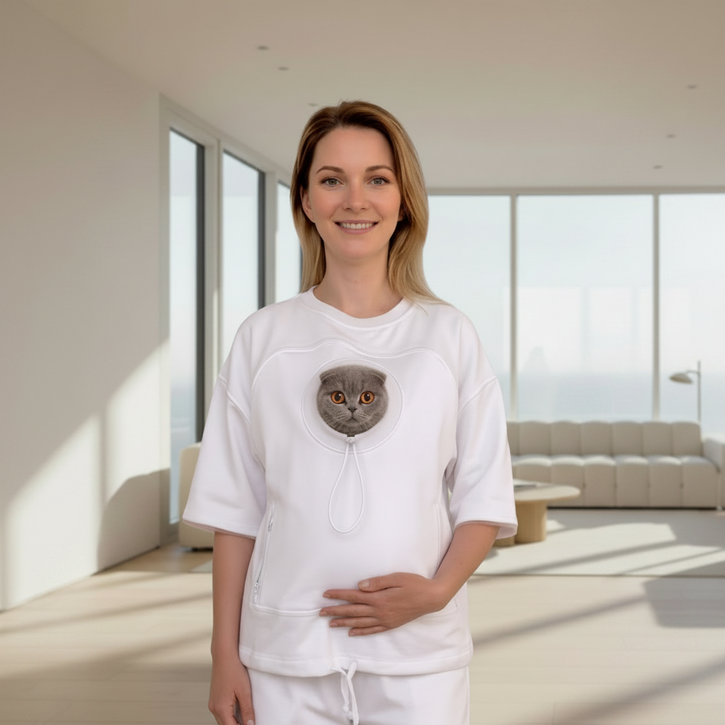 Woman wearing a white outfit with a cat in a modern living room.