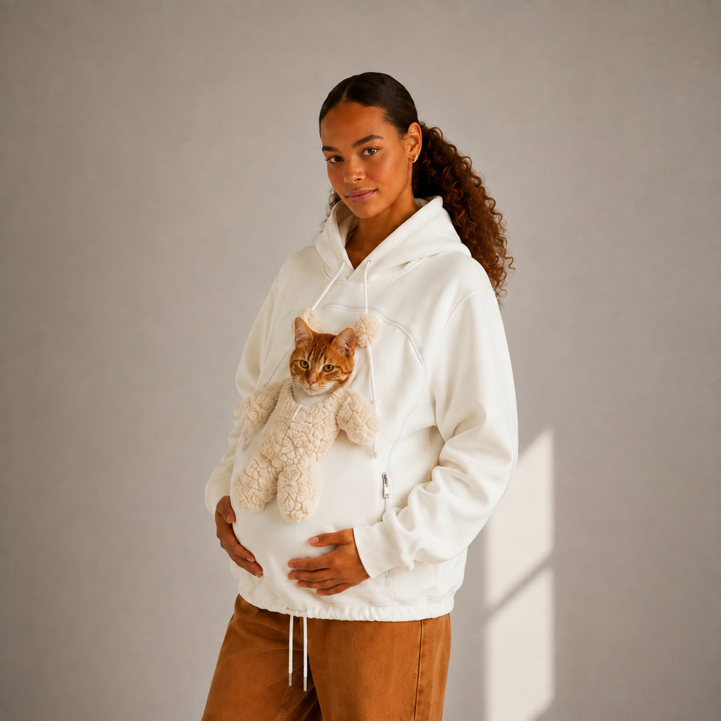 A woman wearing a white hoodie with a plush bear and with cat in the pocket pet pouch the front against a neutral gray background.