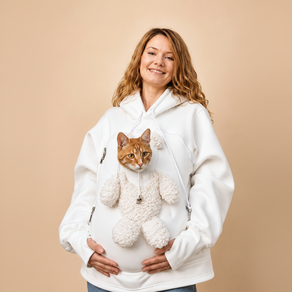 A smiling woman wearing a white hoodie with a plush teddy bear pocket, with an orange tabby cat inside the bear pocket, set against a solid beige background.