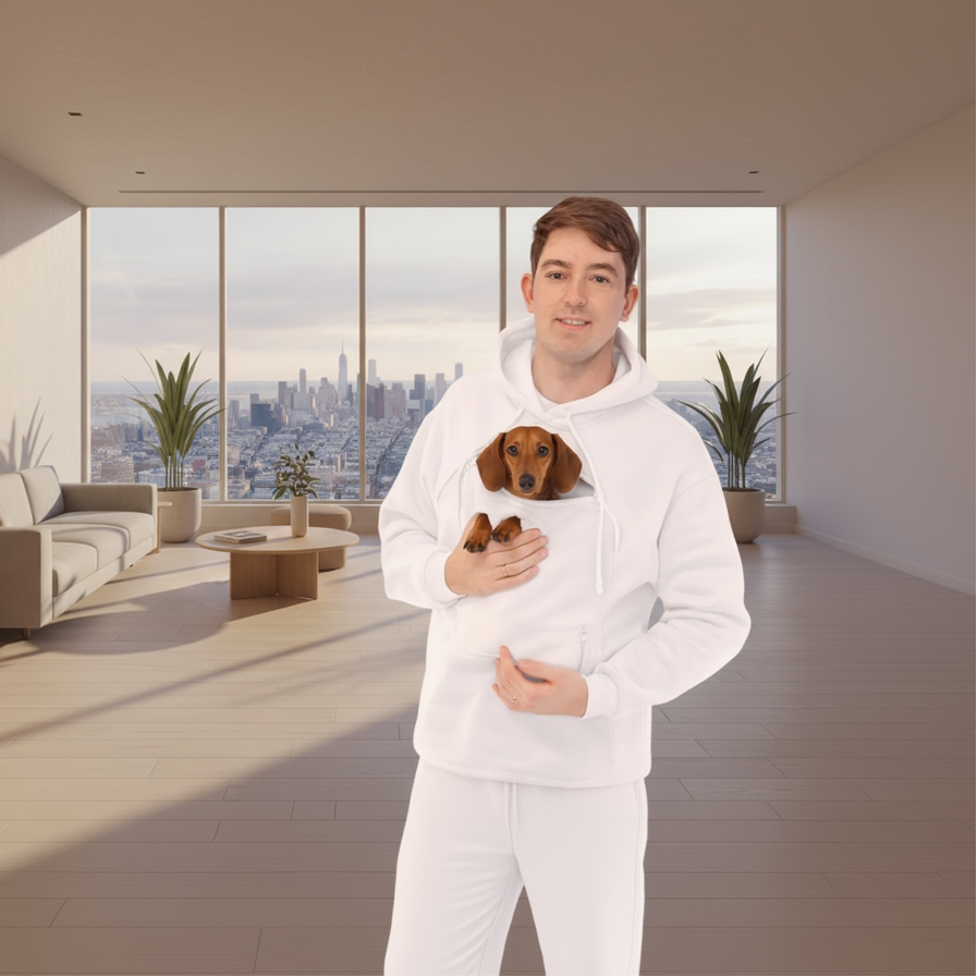 Person wearing a white hoodie with small dog inside on a light pink background
