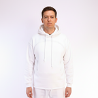 Person wearing a white hoodie on a white background