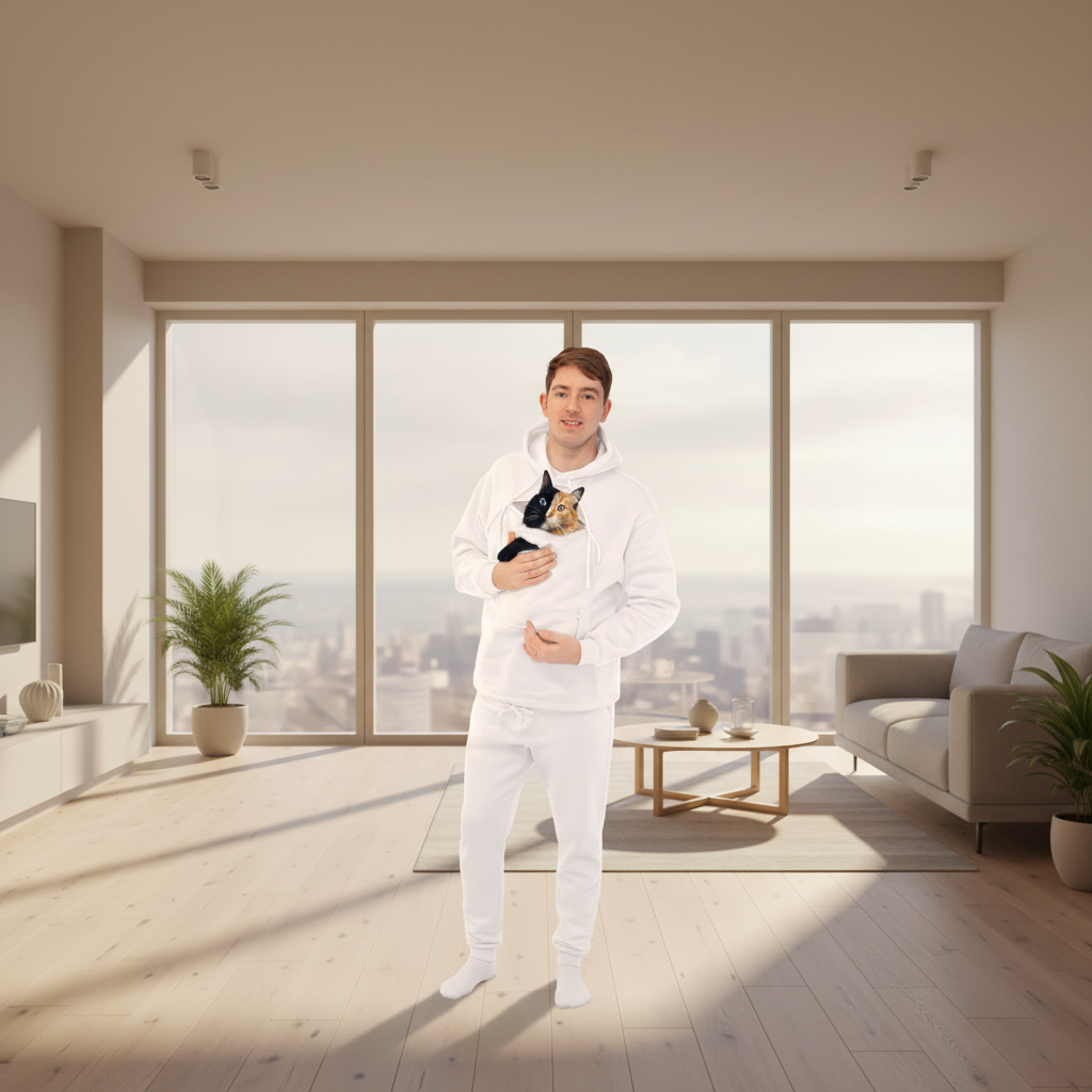 Person in a modern living room holding a small dog
