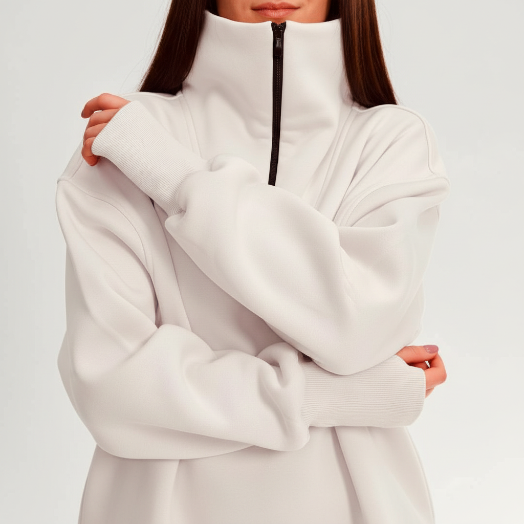 Person wearing a white sweatshirt on a light pink background