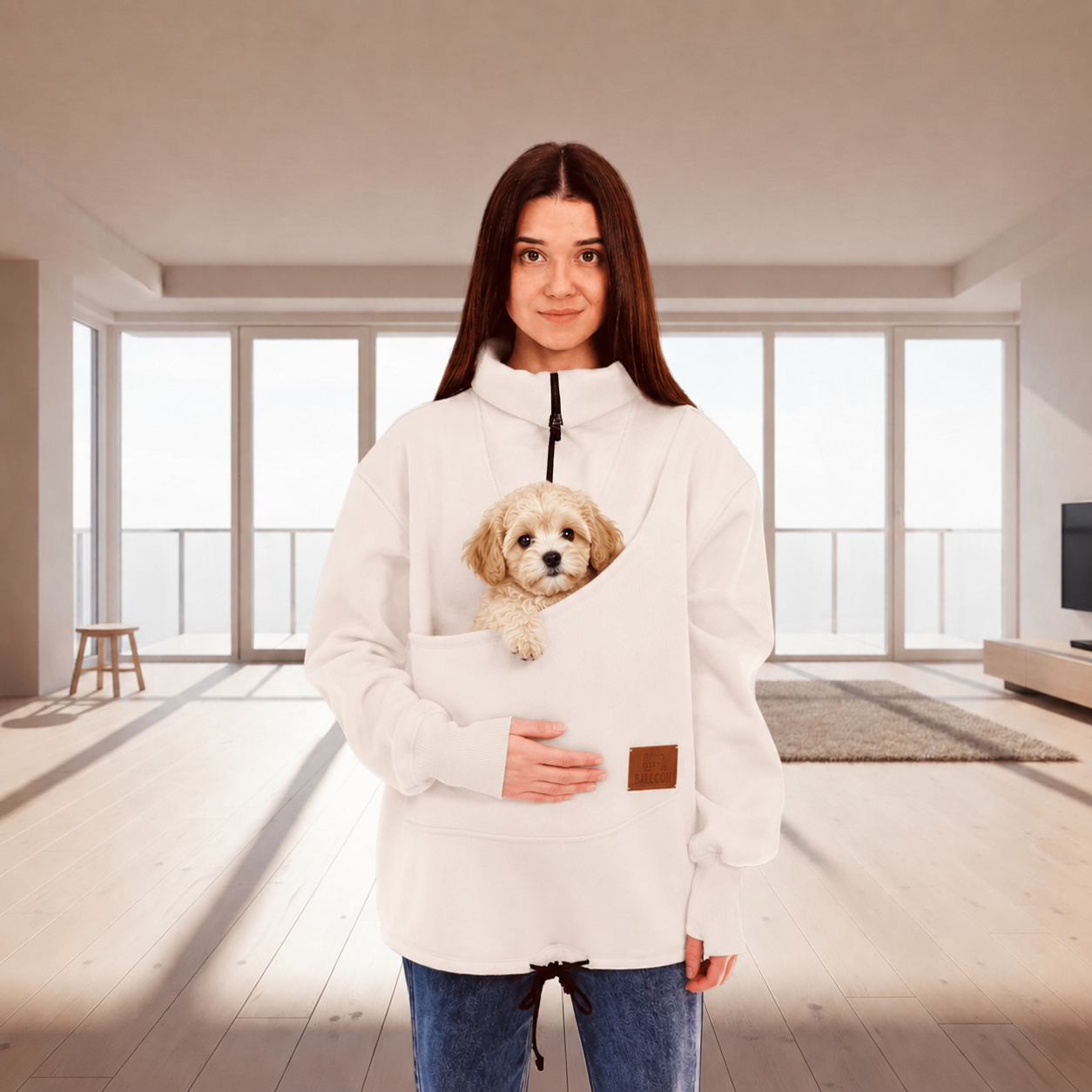 Women wearing a white fleece sweatshirt with a dog in the pocket in a living room  Main image