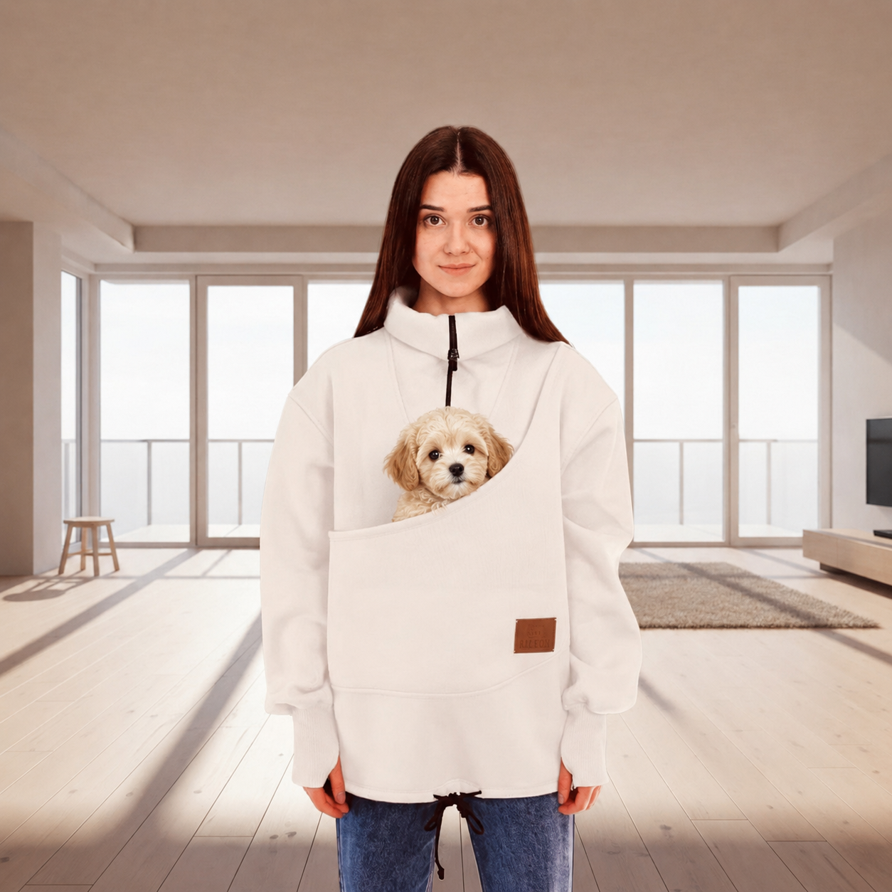 Women wearing a white fleece sweatshirt with a dog in the pouch in a living room 