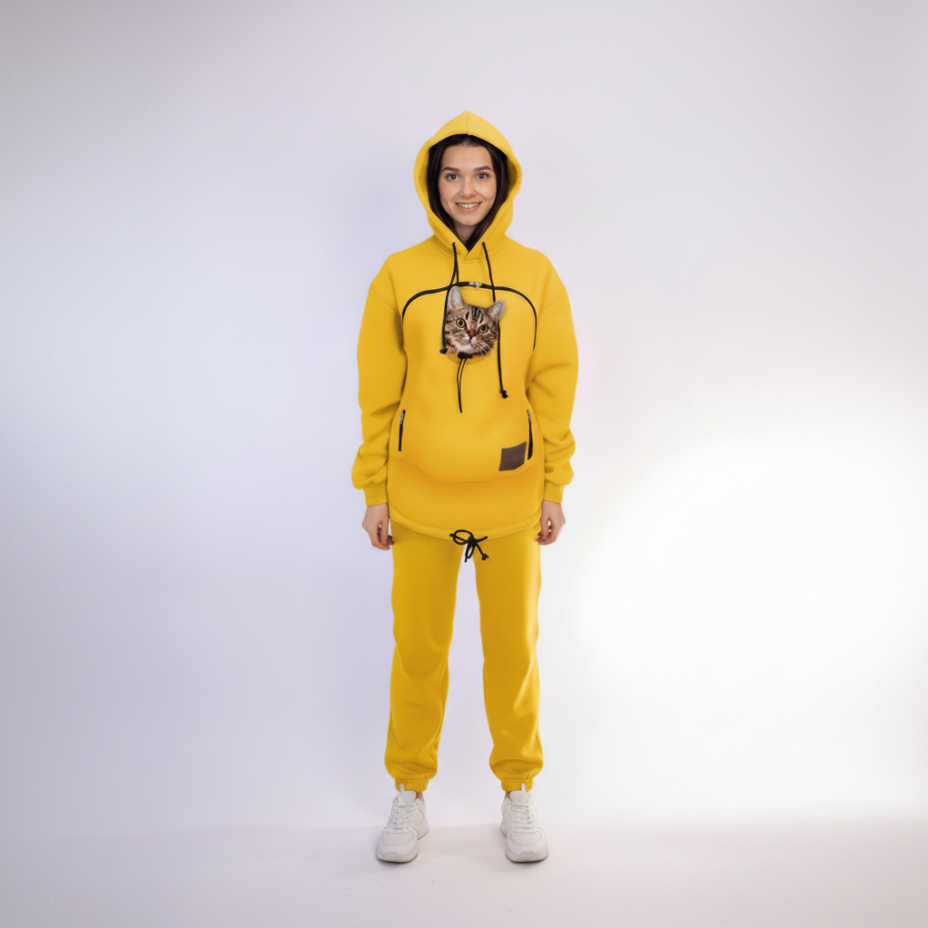 Person wearing a yellow hoodie with a cat inside on a white background Main image