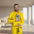 Man in a yellow outfit holding a cat in a modern living room