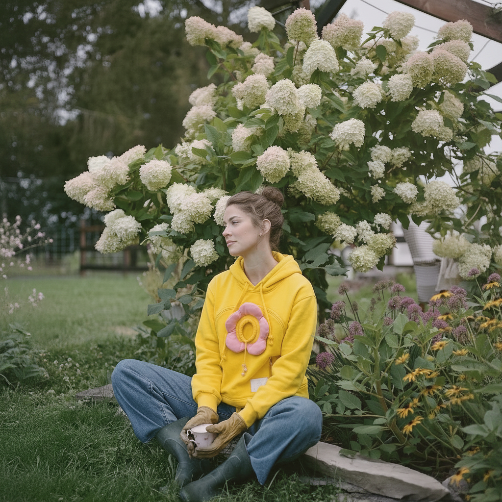 A woman sits cross-legged on a garden bench in front of a large bush of white flowers, wearing a bright yellow hoodie with a pink flower applique, blue jeans, and green gardening boots while holding a small white cup.