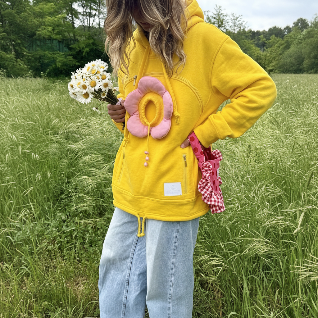 A person standing in a grassy field wearing a bright yellow hoodie with a pink ring-shaped applique on the front, light blue jeans, and holding a bouquet of white daisies.