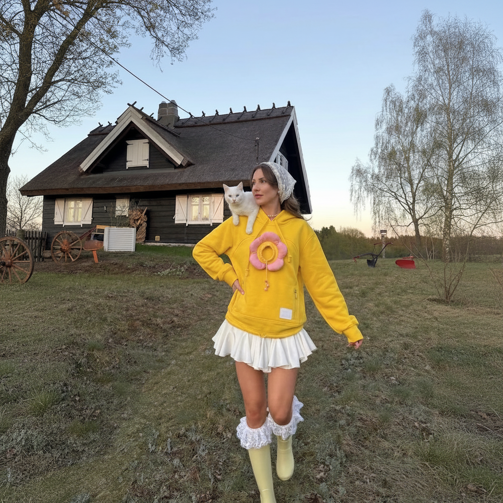 A woman stands in a grassy outdoor area in front of a dark wooden house, wearing a bright yellow hoodie with a pink flower applique, a white pleated mini skirt, white ruffled leg warmers, and pale yellow rain boots. A white cat is sitting on her shoulder.