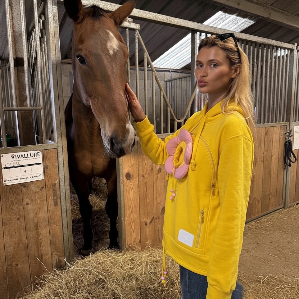A woman in a bright yellow hoodie with a pink flower applique stands in a horse stable, touching the face of a brown horse standing in its stall.
