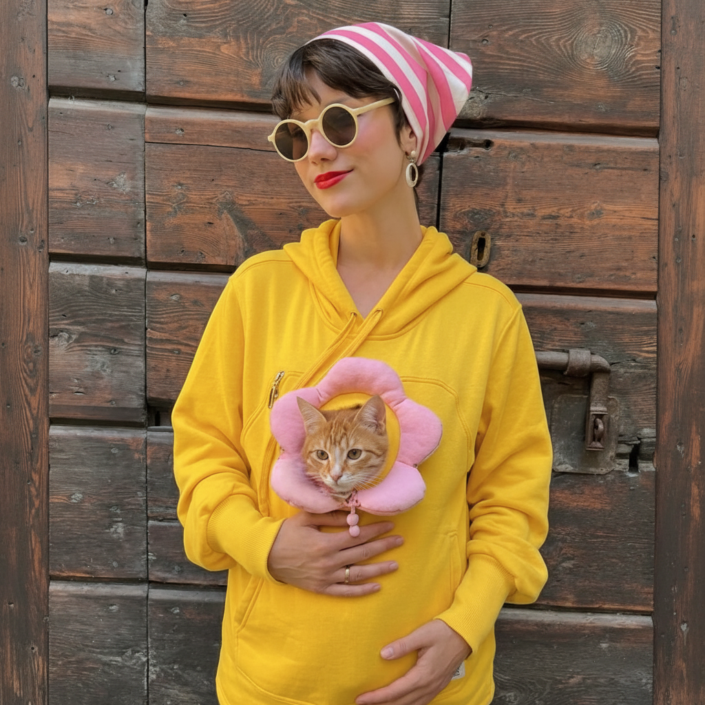 A woman wearing a bright yellow hoodie, pink striped beanie, and round sunglasses holds a ginger cat wearing a pink flower-shaped pet collar against a rustic wooden door background.