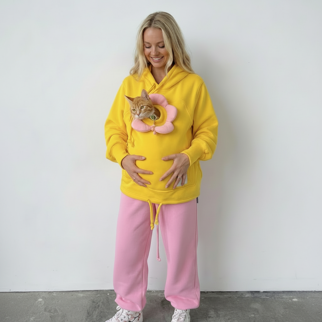 Yellow Cute Hoodie with Built-In Pet Carrier - Custom Made Hoodie & Pink 3D Flower Secondary image