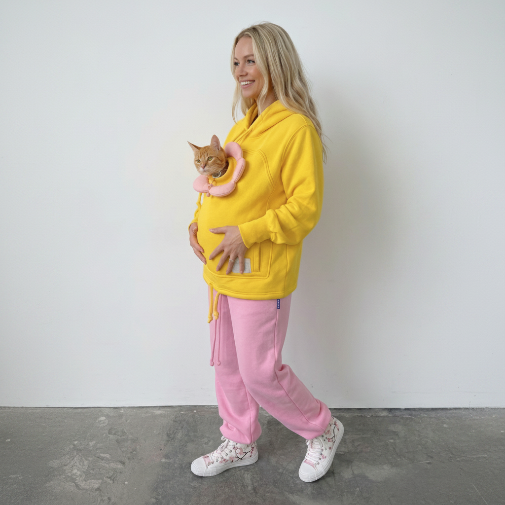 A woman wearing a bright yellow hoodie with a built-in pink belly pouch and matching pink sweatpants, carrying an orange tabby cat in her pouch. She is standing against a plain white wall on a gray concrete floor.