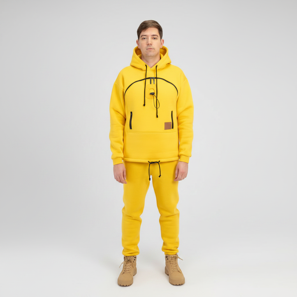 Person wearing a yellow hoodie and pants set on a white background