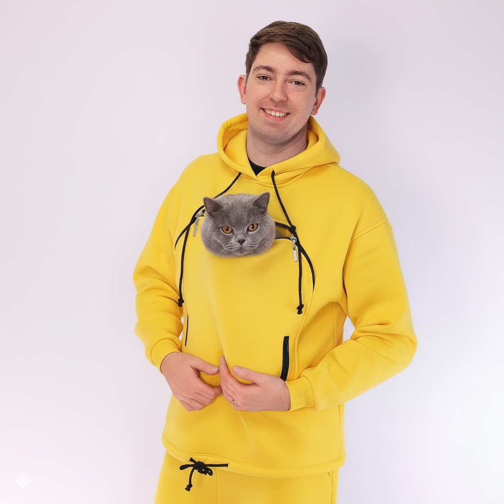 Person wearing a yellow hoodie with a cat face design on a white background